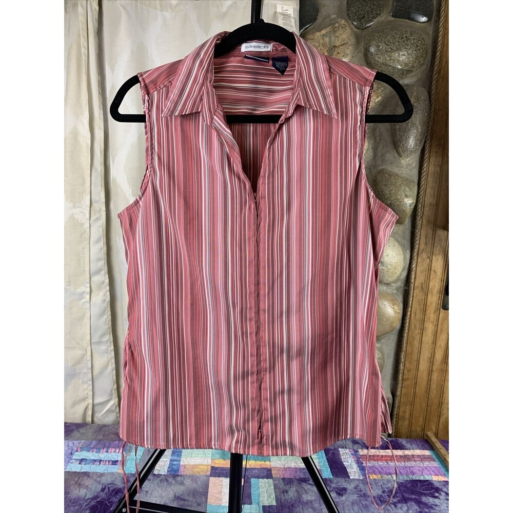 DCC Missy Stretch Womens Large Zip Up Sleeveless Pink Red White Striped Blouse
